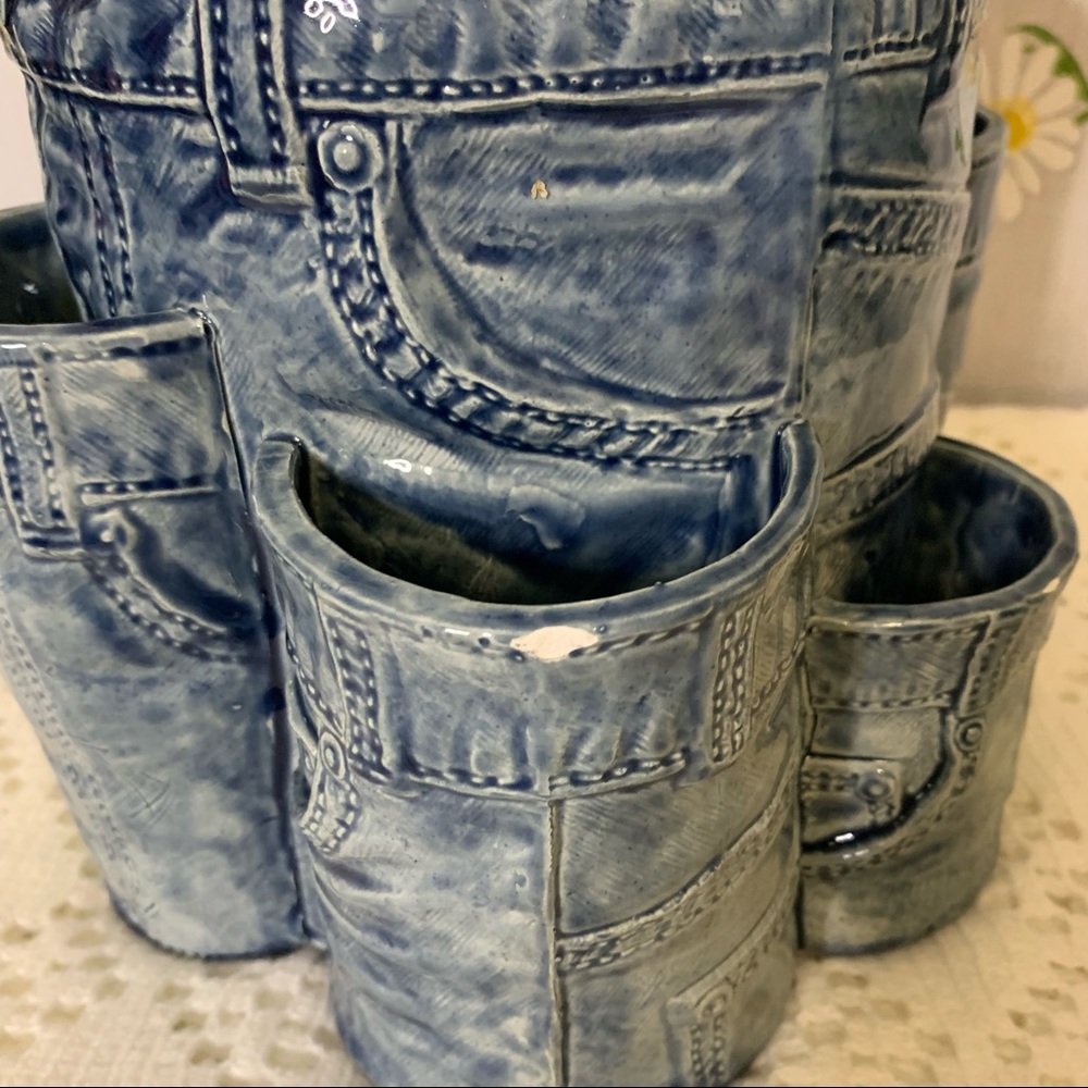 Vintage 70s denim look lidded ceramic canister - Picture 7 of 13